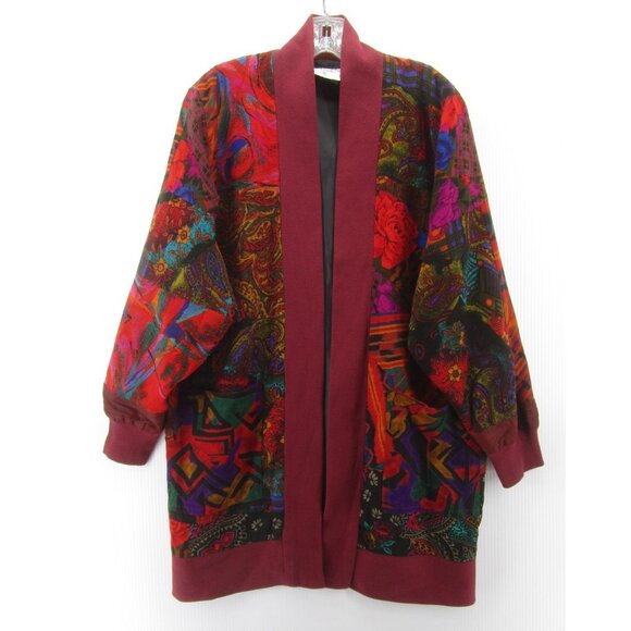 VINTAGE Maggie Shepherd Jacket Medium Wool Patchwork Open Artsy Floral - Picture 1 of 12